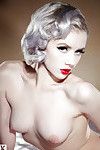 Platinum blonde with red lips gets rid of her vintage undies and stockings
