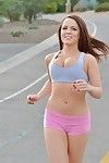 Fit teen babe in tight underclothes exposing big natural tits outdoors