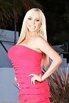 Sexy busty pornstar, Mary Carey, poses outside in her flirty pink dress and black panties! She gets so turned on that she just has to strip and reveal her hot body!