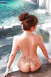 Big boobed centerfold model Sarah Nicola Randall posing topless outdoors