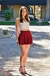 Juvenile hottie in short skirt and heels strips nude for public courtesan walk