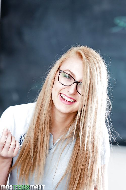 Adolescent fairy nerd in glasses Alexa Grace posing in schoolgirl uniform
