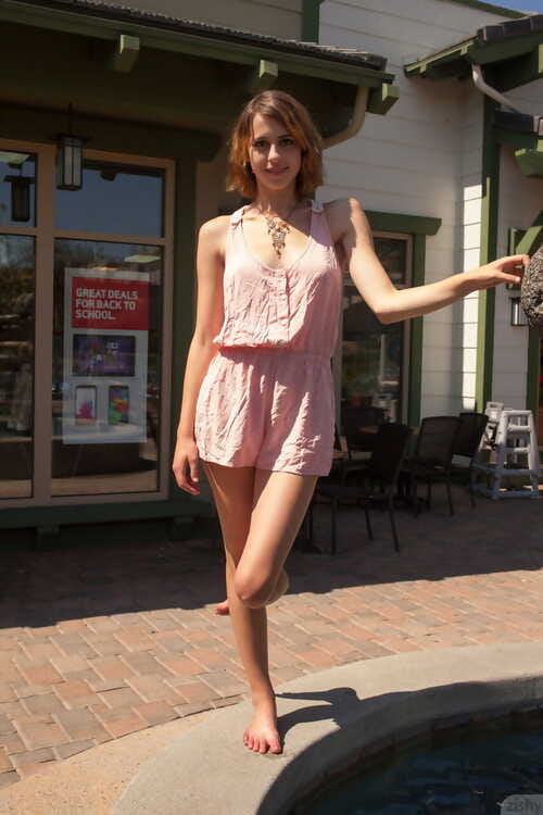 Leggy white doll April Grantham flashes no panty upskirts in public