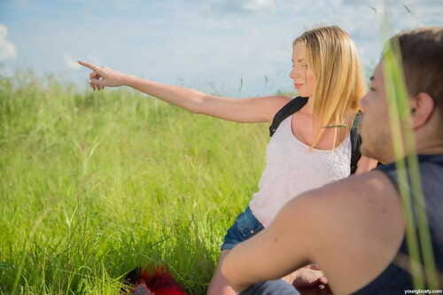 Youthful fairy-haired Kika and her buddy fuck for the 1st time in a grassy field