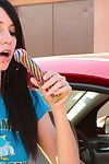 Catie minx in a car orally fixating a glass sextoy and fingering her gentile