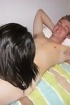 Large coed in glasses has a groupsex with her lewd dorm boy-friends