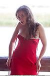 Attractive brown hair amateur in a wild red clothing Wanda expands her unshaved bawdy cleft