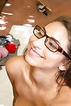 Babe in glasses on knees to swallow heavy weenie and take sperm stream on glasses