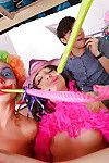 Gia Paige and gathering babes in blindfolds engage in dorm room groupsex