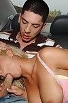 Hungry young Bree Olson gains her tit pointers licked and gives head in the car