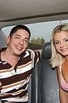 Hungry young Bree Olson gains her tit pointers licked and gives head in the car