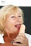 Slimy elderly in nylon nylons toying her bawdy cleft by sex tool and wand