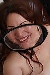 Established BBW Ember Rayne shedding glasses and clothing to swell shaggy cage of love