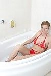 Short haired mellow English lady Pretty Nensy amplifying trimmed bawdy cleft in shower-room